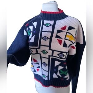 Womens 80s 90s Vintage Knit Sweater Abstract Clock Size Small Liz Wear Vtg